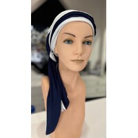 Glamour Turban Admiral in White & Navy with long ties