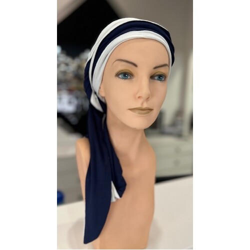 Glamour Turban Admiral in White & Navy with long ties